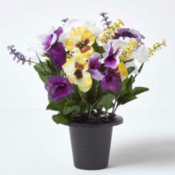 Homescapes Artificial Grave Flowers Set Of 2 Purple & Yellow Handcrafted Pansy & Roses Flowers In Grave Vases, 30 X 25 Cm - thumbnail 2