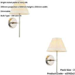 Loops 2 Pack Indoor Bright Nickel Plate Wall Light - Ivory Silk Shade - Dimmable 6W Led E14 - thumbnail 2