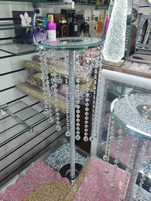 Biznest Mirrored End Table Silver Surface Glass Stand Round Top Crushed Jewel Loose Diamond Hallway Furniture Leg Bed Side 60X25Cm - image 1