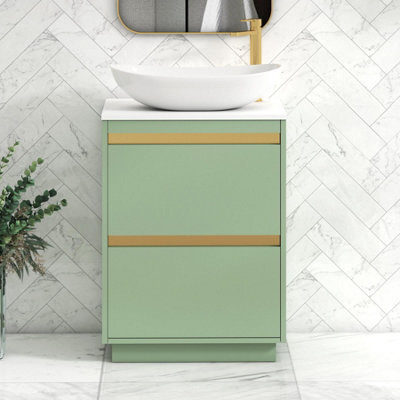 Royal Bathrooms Orion 600mm Mint Sage Floor Standing Plain White Countertop Vanity Unit 2 Drawer With Cesar Basin & Brushed Brass Accent Trim - image 1