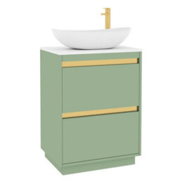 Royal Bathrooms Orion 600mm Mint Sage Floor Standing Plain White Countertop Vanity Unit 2 Drawer With Cesar Basin & Brushed Brass Accent Trim - thumbnail 6