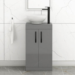 Royal Bathrooms 500mm Floor Standing Vanity Unit 2 Door Indigo Grey Gloss & Countertop Basin - Breeze With Matt Black Handle - thumbnail 1
