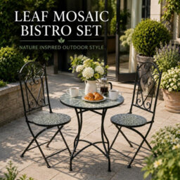Shatchi Leaf Mosaic Bistro Set With Folding Chairs, Ceramic Top Outdoor Table And Two Seat Garden Furniture For Patio And Balcony - thumbnail 6