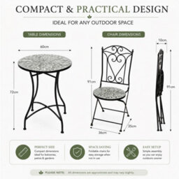 Shatchi Leaf Mosaic Bistro Set With Folding Chairs, Ceramic Top Outdoor Table And Two Seat Garden Furniture For Patio And Balcony - thumbnail 5