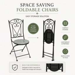 Shatchi Leaf Mosaic Bistro Set With Folding Chairs, Ceramic Top Outdoor Table And Two Seat Garden Furniture For Patio And Balcony - thumbnail 3