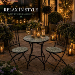 Shatchi Leaf Mosaic Bistro Set With Folding Chairs, Ceramic Top Outdoor Table And Two Seat Garden Furniture For Patio And Balcony - thumbnail 8