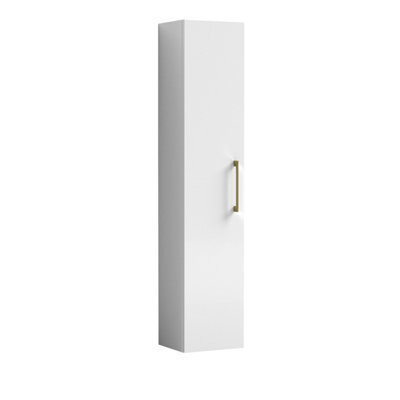 Balterley Bramshall Modern Bathroom 1 Door Wall Hung Tall Unit With Soft-Close Door, Gloss White With Brushed Brass Handle, 300 mm
