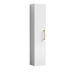 Balterley Bramshall Modern Bathroom 1 Door Wall Hung Tall Unit With Soft-Close Door, Gloss White With Brushed Brass Handle, 300 mm