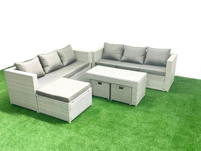Fimous 9 Seater Garden Outdoor Rattan Furniture Set Rattan Garden Sofa Oblong Coffee Table 3 Stools Light Grey - image 1