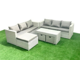 Fimous 9 Seater Garden Outdoor Rattan Furniture Set Rattan Garden Sofa Oblong Coffee Table 3 Stools Light Grey - thumbnail 2