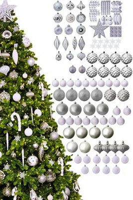 Christmas Tree World The 128Pc White & Silver Full Heavy Coverage Bauble Set (6Ft/180Cm Trees) - image 1