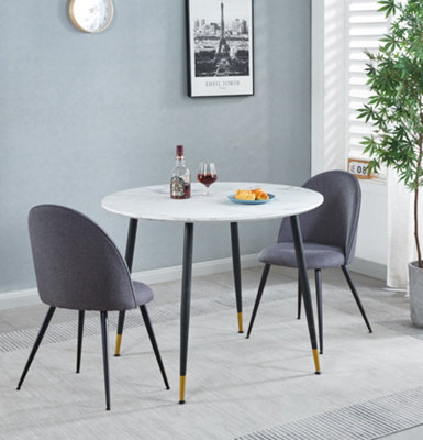 Hallowood Furniture Finley Small Round Dining Table In White Marble Finish With 2 Curved Back Grey Fabric Chairs - image 1