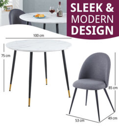 Hallowood Furniture Finley Small Round Dining Table In White Marble Finish With 2 Curved Back Grey Fabric Chairs - thumbnail 3