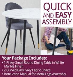 Hallowood Furniture Finley Small Round Dining Table In White Marble Finish With 2 Curved Back Grey Fabric Chairs - thumbnail 7