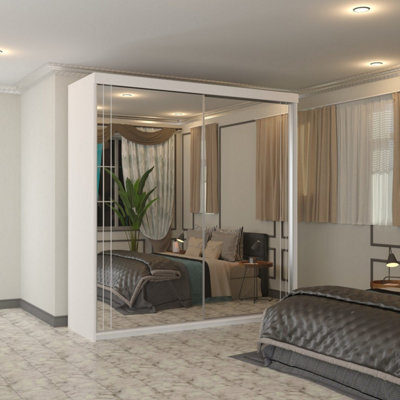 Sliding Wardrobes 4 u LTD Modern Full Mirror Sliding Wardrobe With Led Light & Contemporary Design White 200Cm - image 1