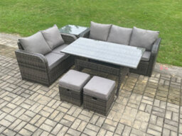 Fimous Outdoor Garden Patio Furniture Wicker Rattan Oblong Dining Table And Lounge Sofa Set With Side Table 2 Small Footstools - thumbnail 2