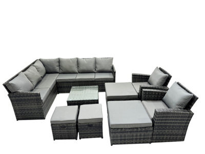 Fimous 12 Seat Poly Rattan Outdoor Patio Coffee Table Corner Sofa Set With 4 Stools 2 Chairs For Garden Backyard Dark Grey Mixed - image 1