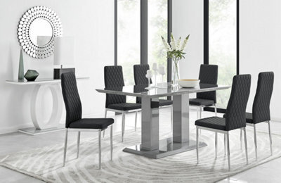 Furniturebox Imperia Grey High Gloss 6 Seater Dining Table With Structural 2 Plinth Column Legs 6 Black Stitched Faux Leather Milan Chairs - image 1
