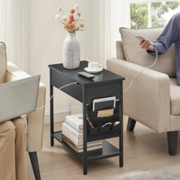 Songmics Vasagle Slim Side Table With Charging Station, Narrow Bedside Table With Storage, End Table With Usb Ports, Outlets, Black - thumbnail 1