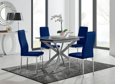 Furniturebox Uk Lira 100Cm Grey Metal Extending Dining Table & 4 Navy Velvet Milan Chairs - image 1