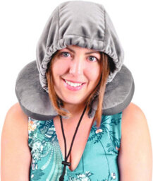 Travel Pillow Hoodie - Grey Soft Plush Neck Supporting Cushion With Drawstring Closure Hood - Measures 32 X 30 X 9Cm - thumbnail 2