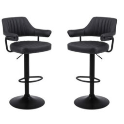 Set Of 2 Plush Black Gas Lift Bar Stools, Padded Arms Bar - thumbnail 1
