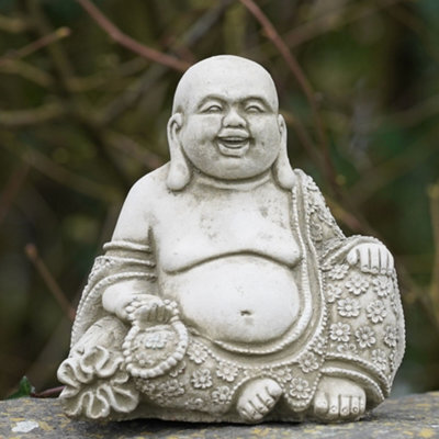 Burgess Laughing Buddha Stone Statue Oriental Monk Outdoor Garden Decoration British Made Ornament - image 1