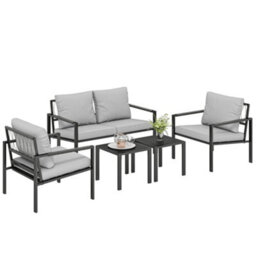 Outsunny 5 Piece Metal Garden Furniture Sofa Set With Cushions, Light Grey - thumbnail 2