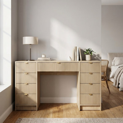 Writing Desk With Fluted Drawers Tireno Bis Cremona Oak Laminated Mdf Metal Handles Modern Home Office Study Furniture - image 1