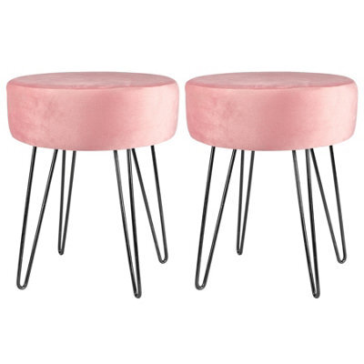 Harbour Housewares 2X Pink Velvet Footstools - Round Ottomans With Black Base - Pack Of 2 - image 1