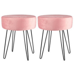Harbour Housewares 2X Pink Velvet Footstools - Round Ottomans With Black Base - Pack Of 2
