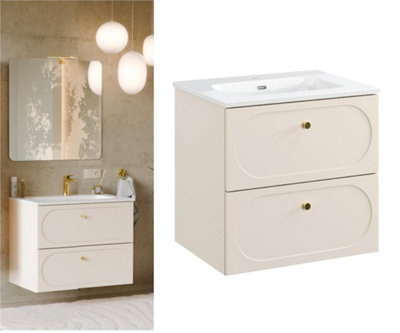 Impact Furniture Bathroom Vanity Unit 600mm Cabinet With Sink Floating Milled Drawer Fronts Beige Gold Luxury Retro Donna - image 1