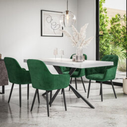 More4Homes Donni Dining Table And Chairs -  White Marble Effect Table Top W Black Legs + Anika Velvet Dining Chair Set Of 4 (Green)