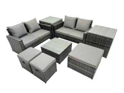 Fimous Pe Rattan Garden Furniture Set Lounge Double Seat Sofa Coffee Table Set With 2 Side Tables 3 Stools Dark Grey Mixed - image 1