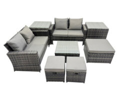 Fimous Pe Rattan Garden Furniture Set Lounge Double Seat Sofa Coffee Table Set With 2 Side Tables 3 Stools Dark Grey Mixed - thumbnail 2