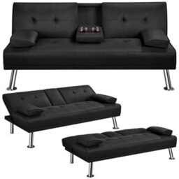 Yaheetech Black Fabric Upholstered Convertible Futon Sofa Bed For Small Space - thumbnail 2