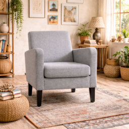 Wyld Haus Lurasa Linen-Look Light Grey Box-Style Armchair - Compact Modern Armchair For Living Rooms And Bedrooms