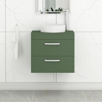 Royal Bathrooms Turin 600mm Matt Green Wall Mounted Worktop Bathroom 2 Drawers Vanity Unit With No Basin - image 1