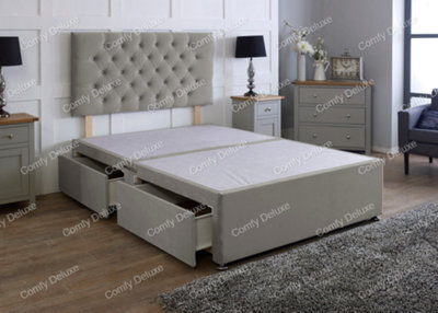 Comfy Deluxe 6Ft Grey Plush   Superking Divan Bed Base With Headboard 2 Drawers One Each Side