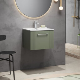 Balterley Belvide Partial Fluted 1 Drawer Wall Hung Vanity Unit With 1 Tap Hole Minimalist Basin - 500mm - Satin Green - thumbnail 4