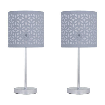 First Choice Lighting Set Of 2 Chrome Stick Table Lamps With Grey Laser Cut Shades - image 1