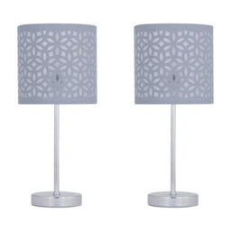 First Choice Lighting Set Of 2 Chrome Stick Table Lamps With Grey Laser Cut Shades