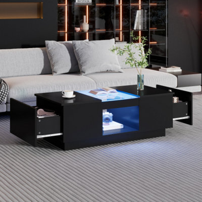 Btm Black Led Coffee Table With 2 Tiers And 2 Drawers Modern Storage Design For Large Living Room Centerpiece - image 1