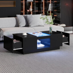 Btm Black Led Coffee Table With 2 Tiers And 2 Drawers Modern Storage Design For Large Living Room Centerpiece - thumbnail 1