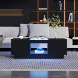 Btm Black Led Coffee Table With 2 Tiers And 2 Drawers Modern Storage Design For Large Living Room Centerpiece - thumbnail 5
