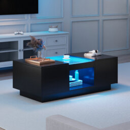 Btm Black Led Coffee Table With 2 Tiers And 2 Drawers Modern Storage Design For Large Living Room Centerpiece - thumbnail 4
