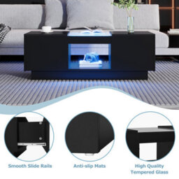 Btm Black Led Coffee Table With 2 Tiers And 2 Drawers Modern Storage Design For Large Living Room Centerpiece - thumbnail 8