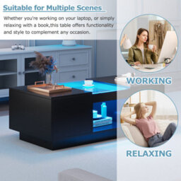 Btm Black Led Coffee Table With 2 Tiers And 2 Drawers Modern Storage Design For Large Living Room Centerpiece - thumbnail 7