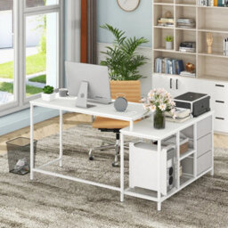L Shaped Desk With Power Outlets Computer Desk With Drawers & Shelves - thumbnail 4