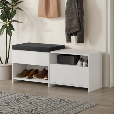 Decortie Modern Filux Shoe Bench Rack White Sliding Fabric Seat And 120.3(W) Storage Cabinet 2-Tier Open Shelves Hallway - image 1